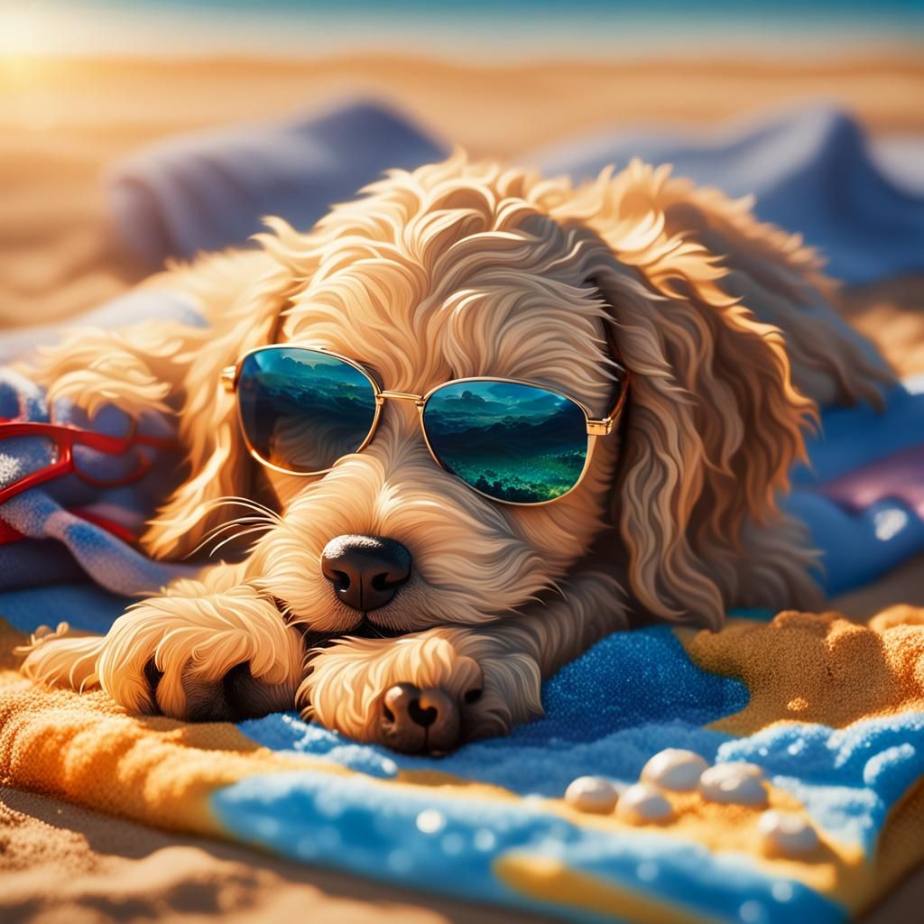 Golden Doodle Puppy Sleeping on Beach Towel