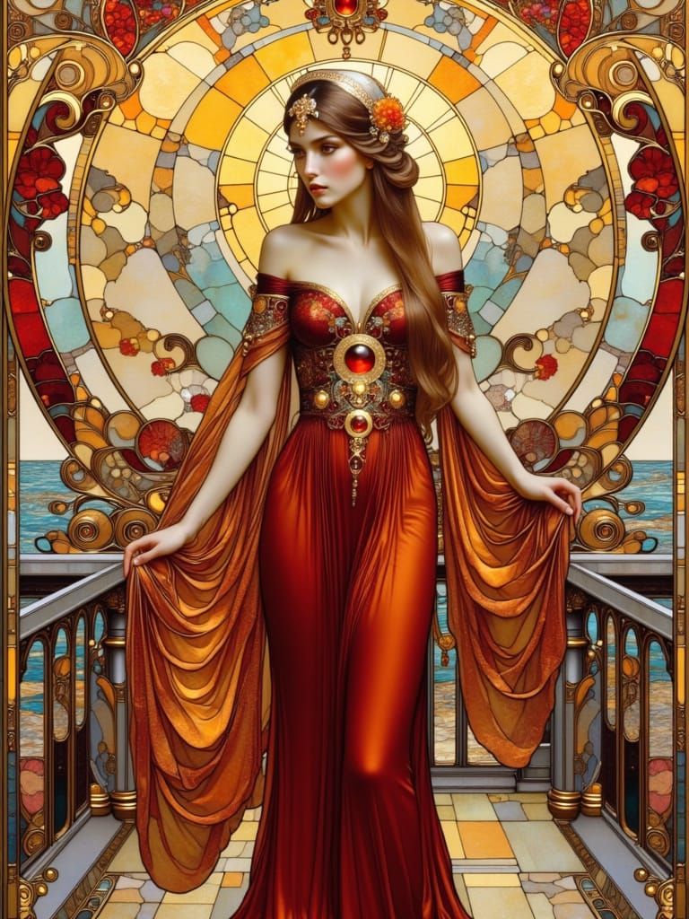 Elegant Art Nouveau Woman Stands on Balcony Overlooking the ...