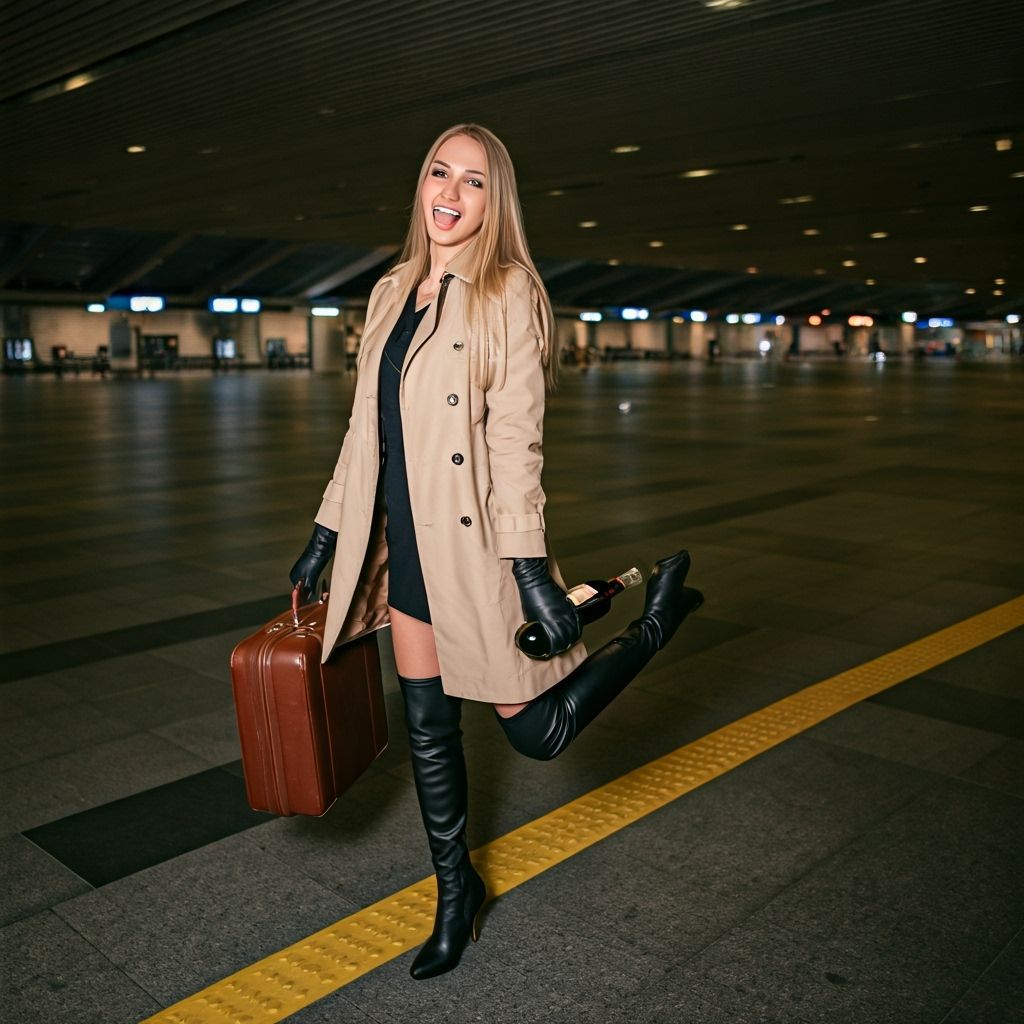 Fashionable Woman at Airport, Cinematic Late Night Feel