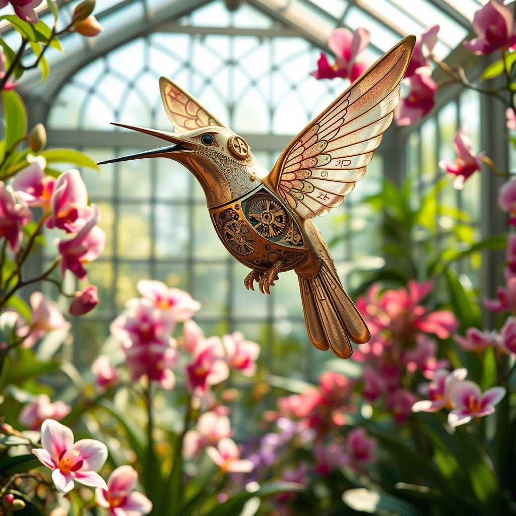 Clockwork Hummingbird in Victorian Greenhouse, Ornate Fantas...