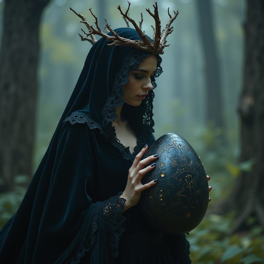 Gothic Princess Tenderly Holds a Majestic Black Dragon Egg i...