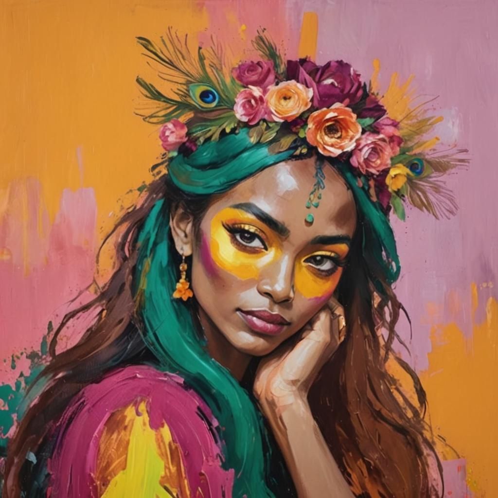 Fauvist Portrait of Woman with Peacock Feather Hair