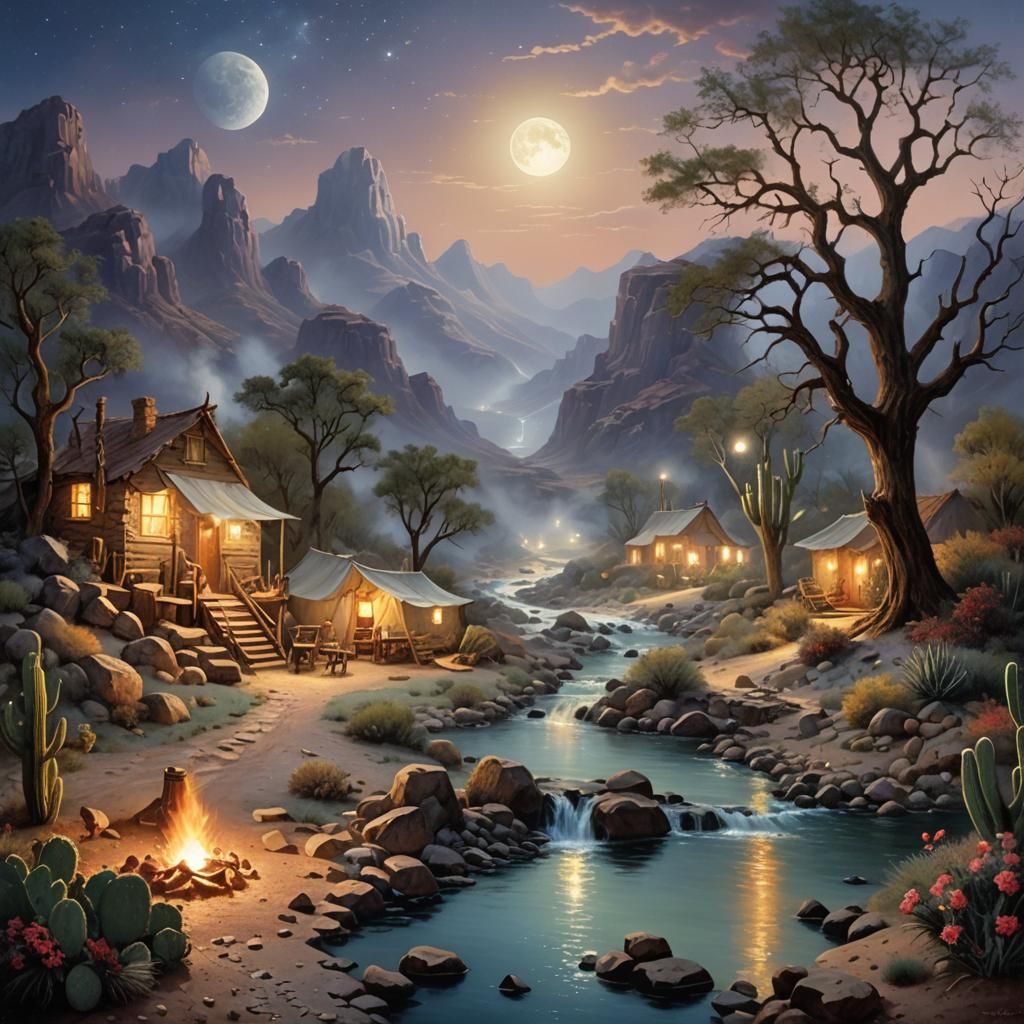 Prospectors Campfire Under Moonlight in Desert
