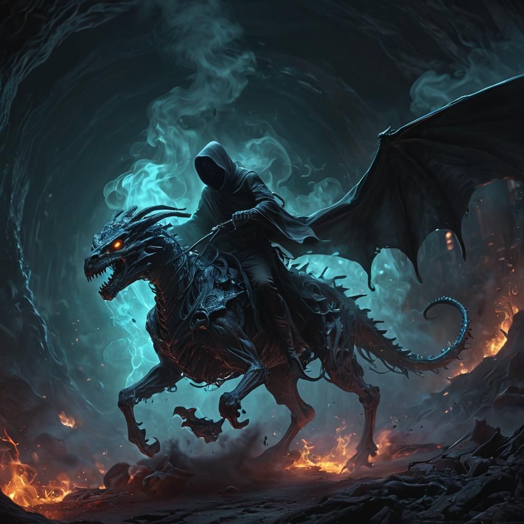 Grim Reaper Rides Dragon of Black Smoke