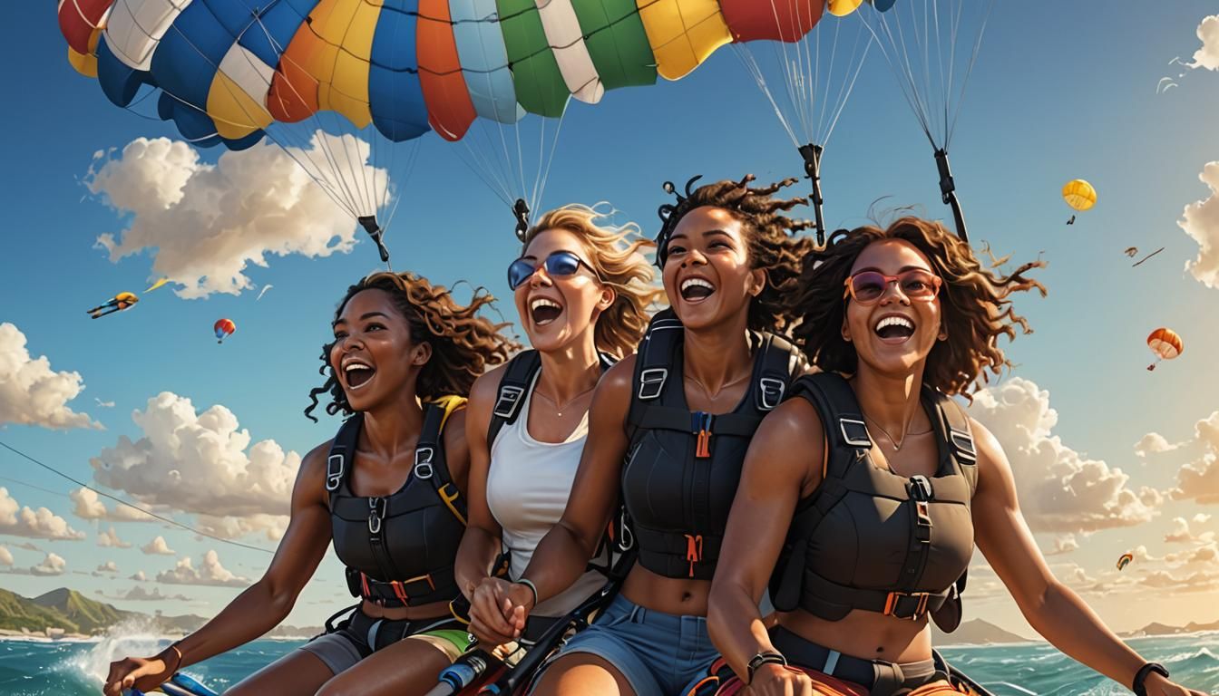 Diverse Group of Women Parasailing Together