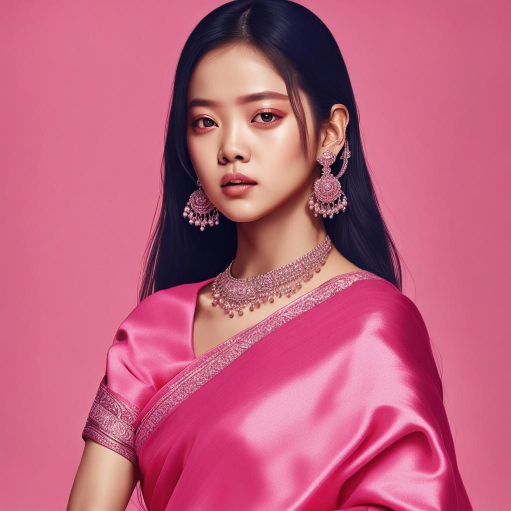 Jennie Kim in Pink Saree: Photorealistic Portrait