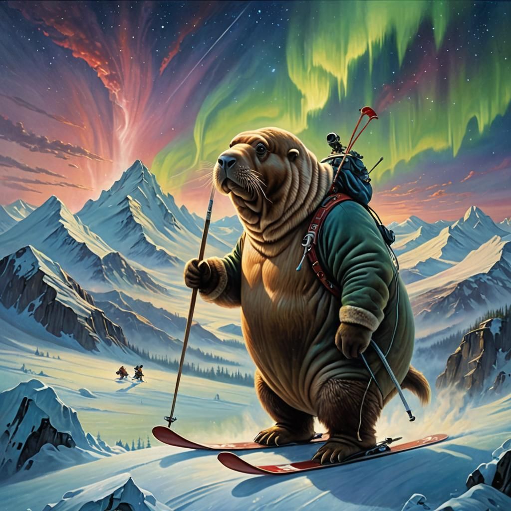 Cute Walrus Skis Icy Tundra in Surrealist Painting