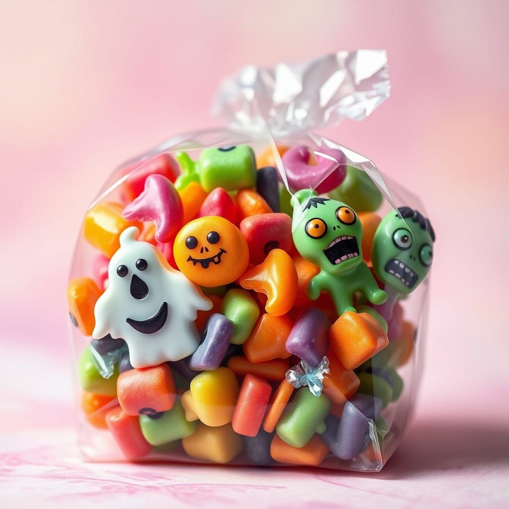 Vibrant Candy Bag with Ghost, Ghoul, and Zombie Candies