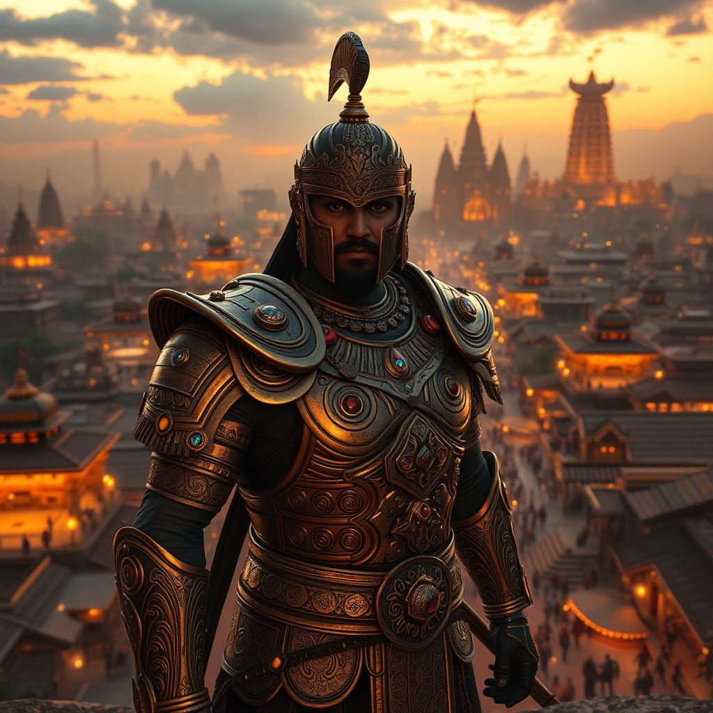 Golden Warrior in Majestic Vijayanagara Cityscape at Dusk