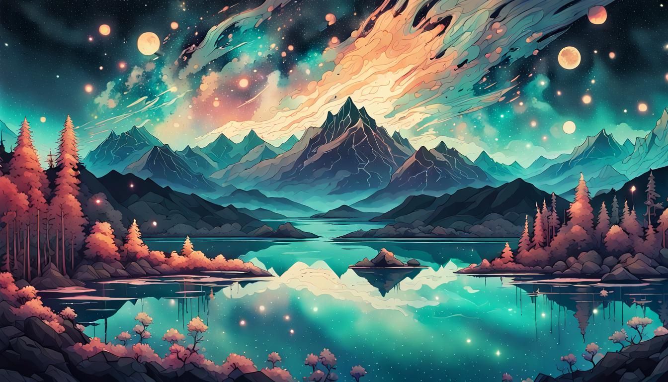 Magnificent Night Sky Reflected in Lake, Fantasy Art