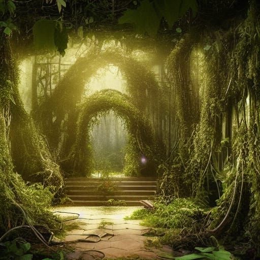 Mysterious Overgrown Forest at Night in Digital Painting