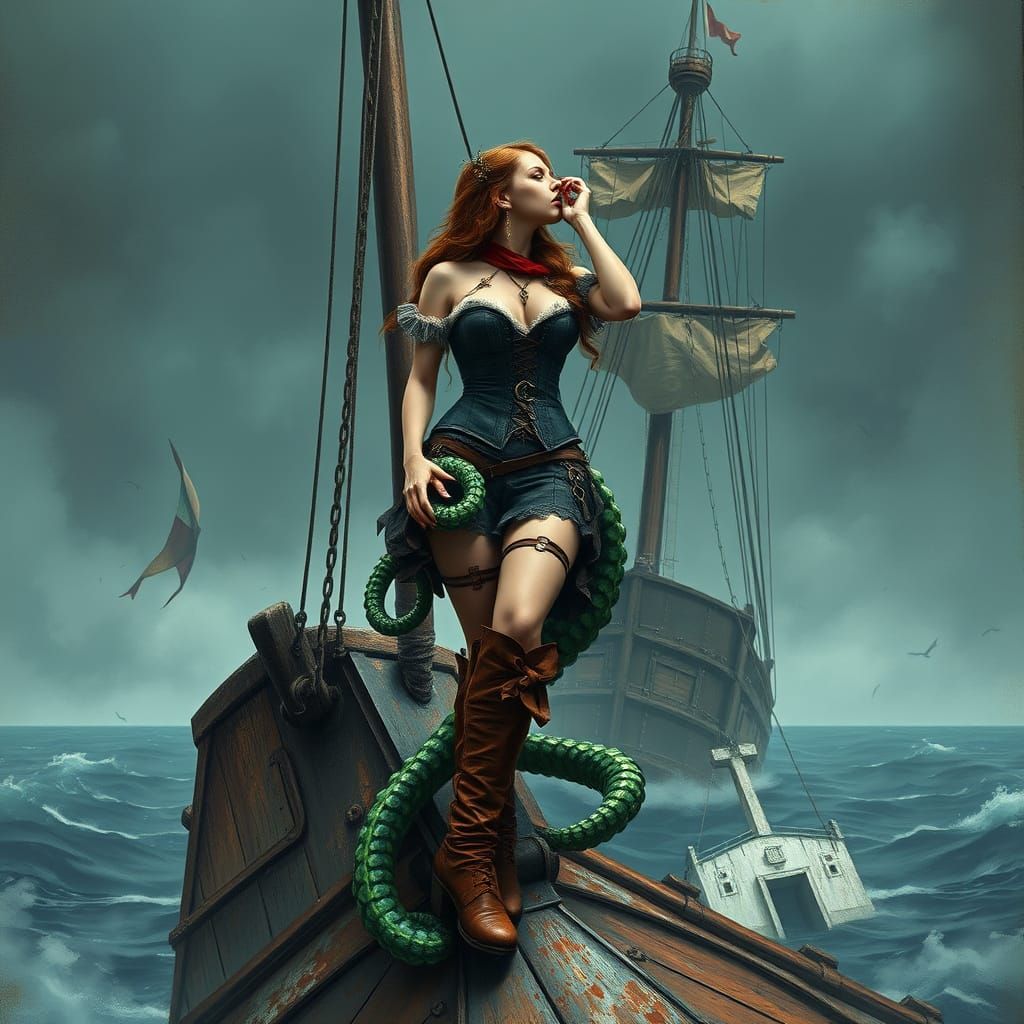 Siren Pirate Goddess in Victorian Corset and Boots on Ghost ...