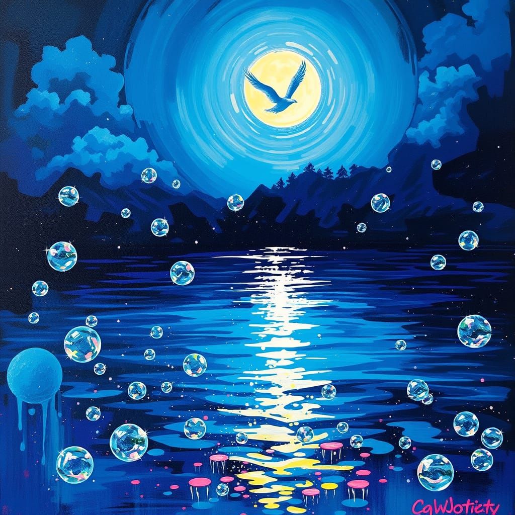 Vibrant Graffiti Art Under Moonlit Lake