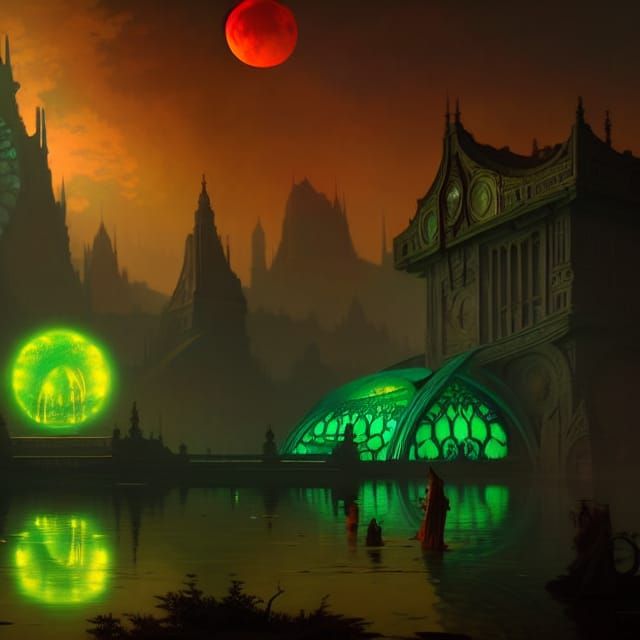 Glowing Ancient City Sunset: Detailed Matte Painting