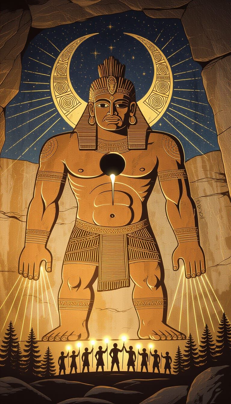 Ancient Petroglyph of Moon-Headed Deity Overlooking Figures