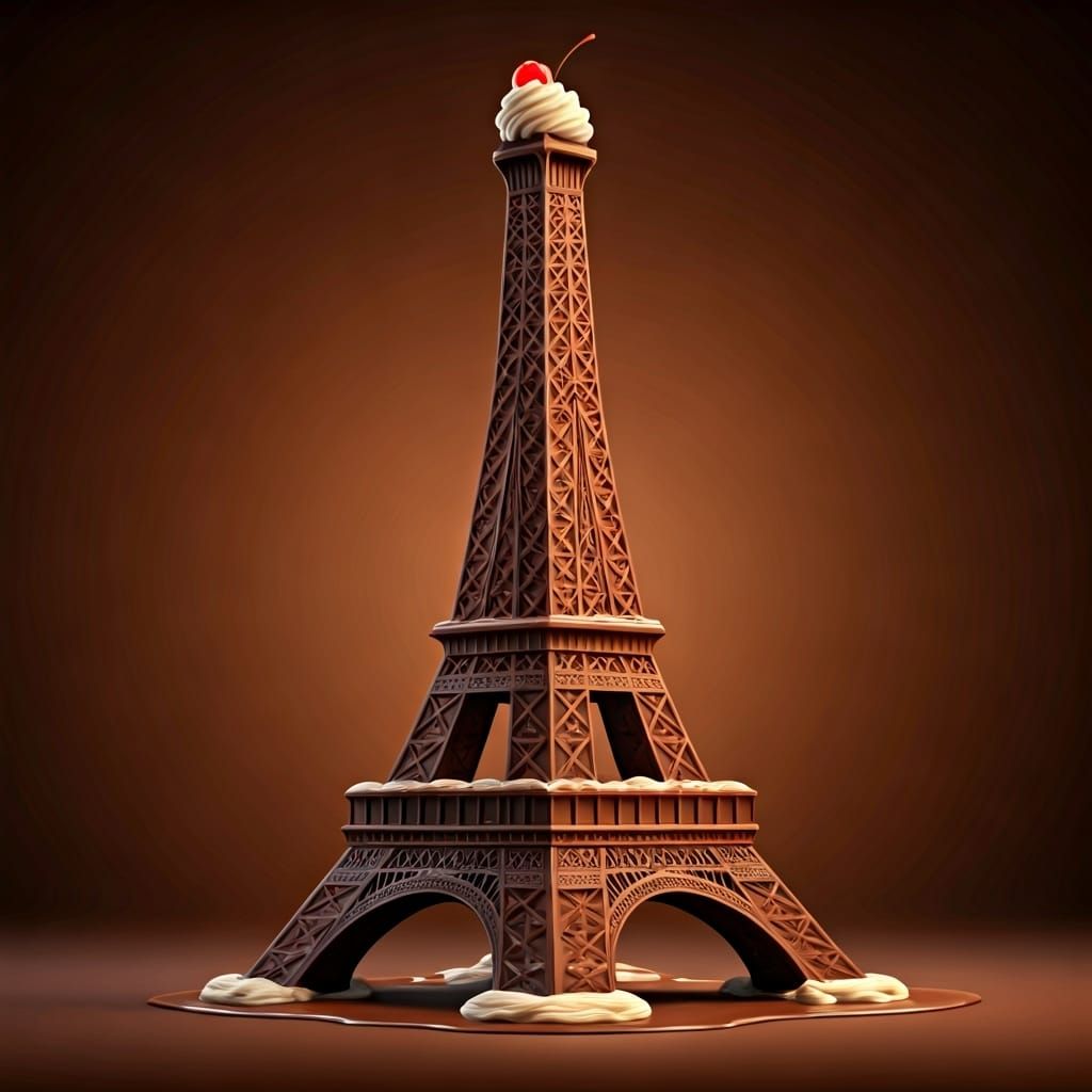 Hyperrealistic Chocolate Eiffel Tower with Whipped Cream