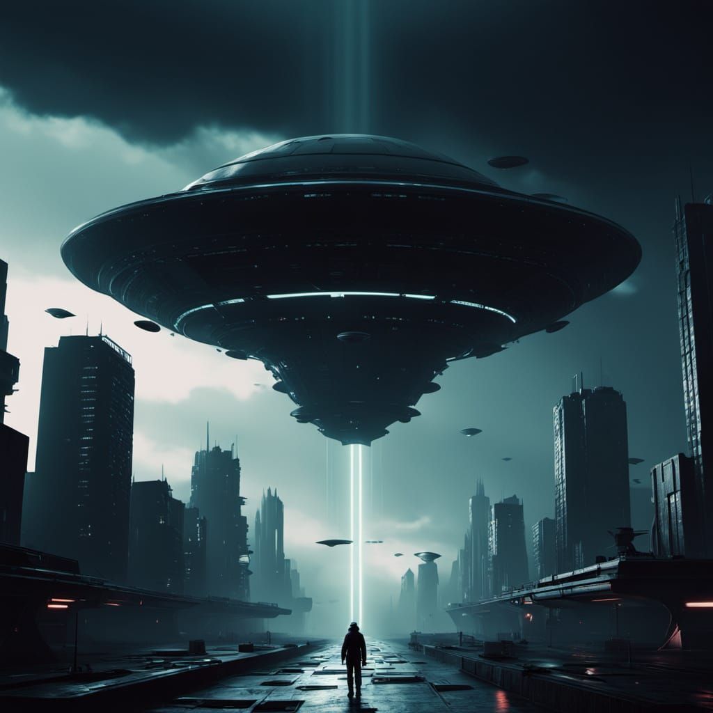 Dystopian Cityscape Under Alien Invasion