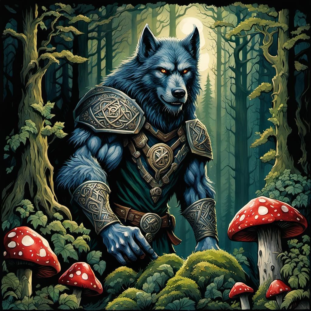 High Gothic Werewolf in Lush Forest Watercolor