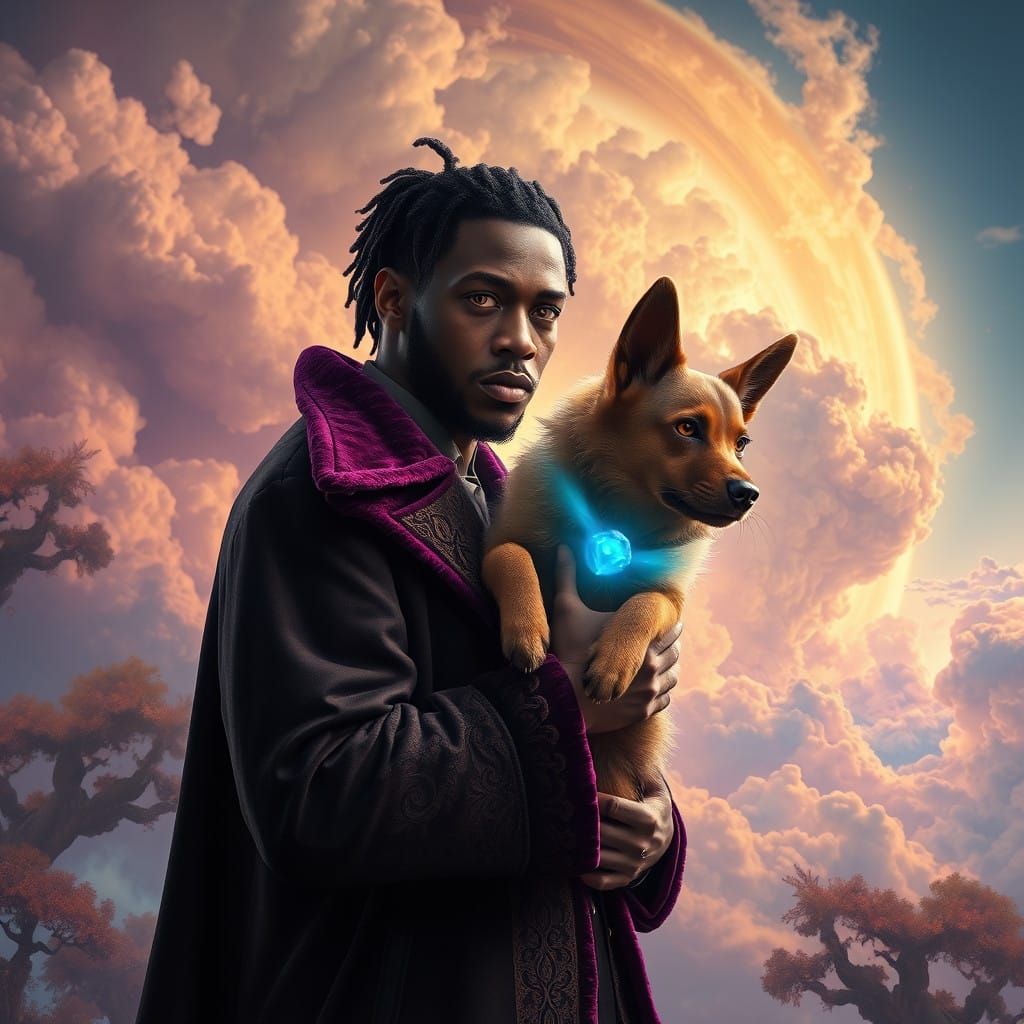 Kendrick Lamar with Glowing Dog in Ethereal Landscape