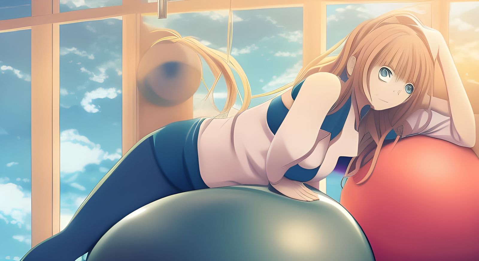 Anime Girl on Yoga Ball in Manga Style