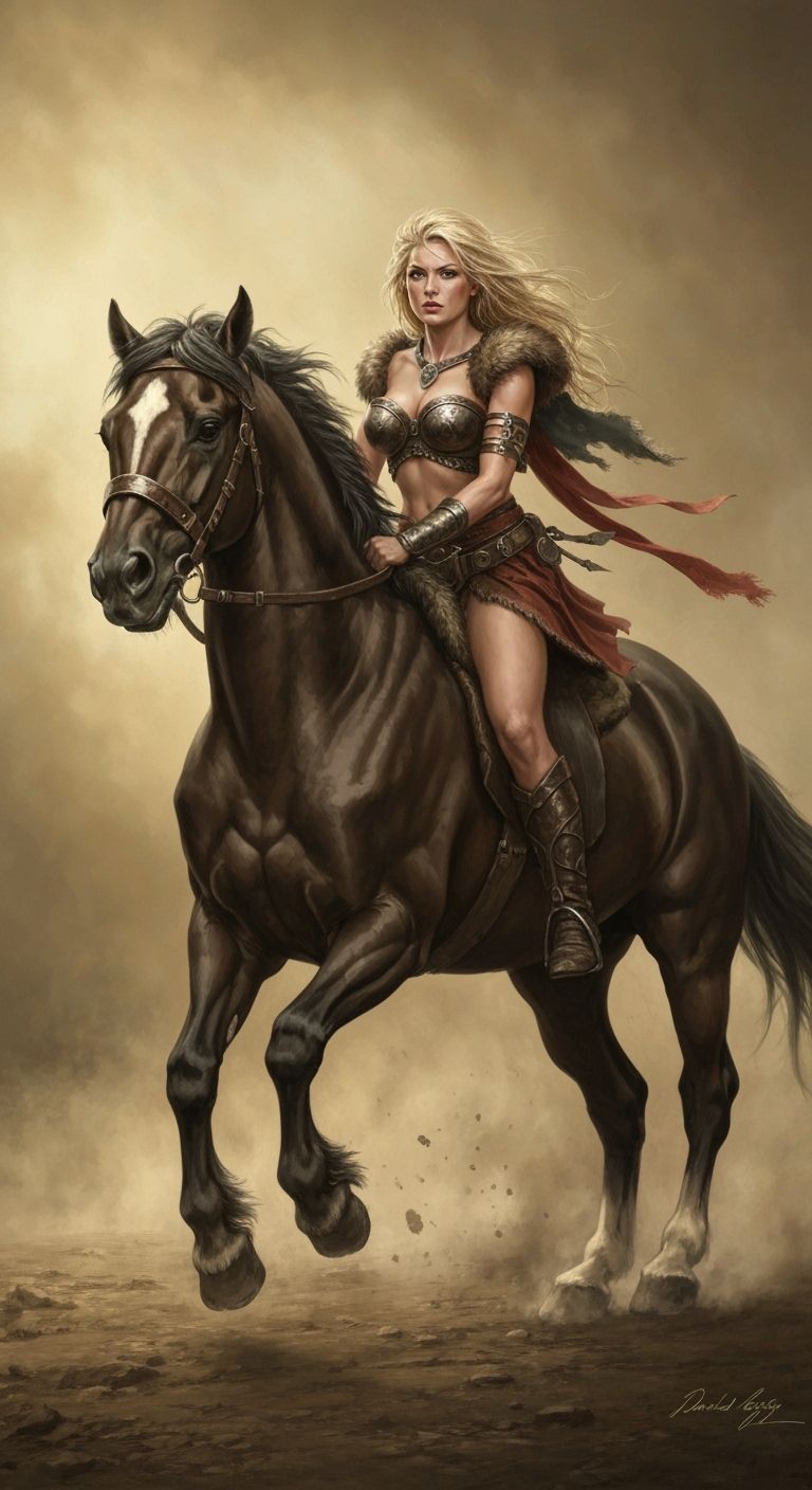 Viking Warrior Woman on Wild Horse: Fine Art Painting