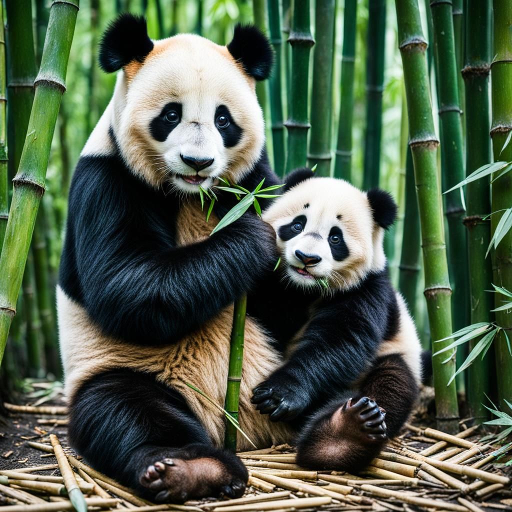Baby Panda and Mother in Bamboo Forest
