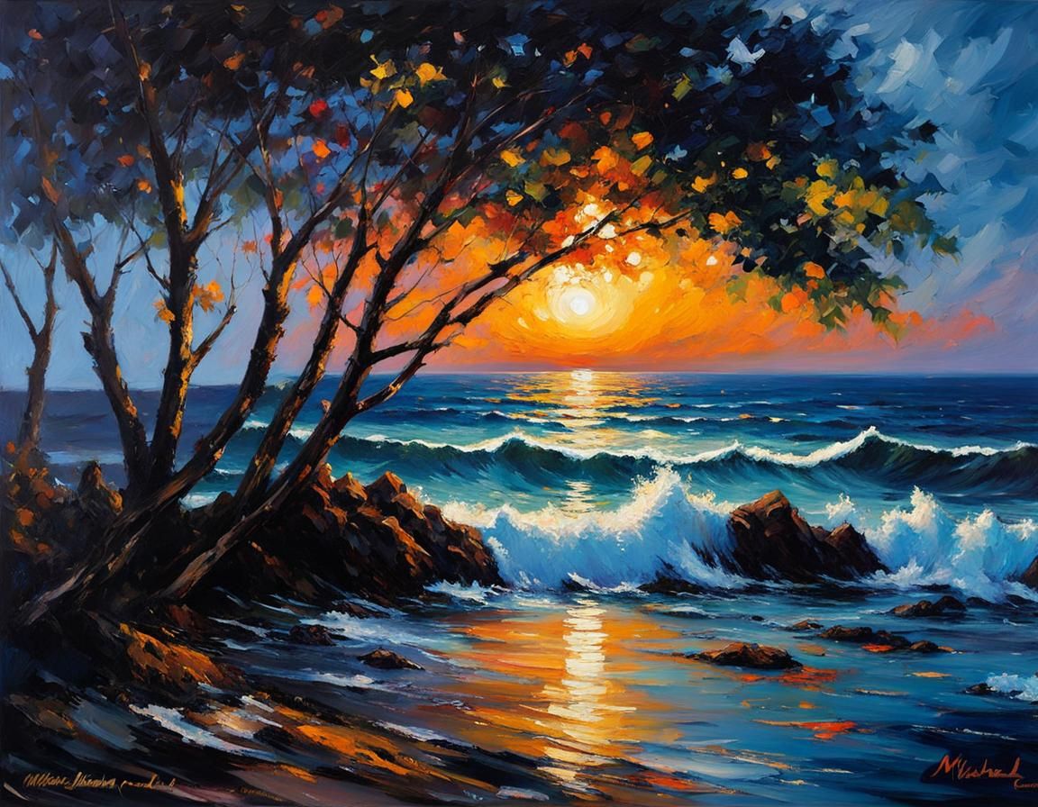 Impressionistic Ocean at Night in Deep Blues