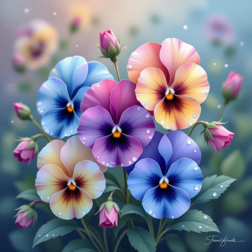 Ethereal Pansies in 3D Diamond Pointillism