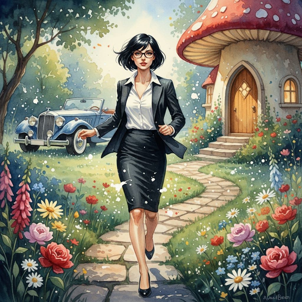 Whimsical Watercolor CEO Running to Mushroom House