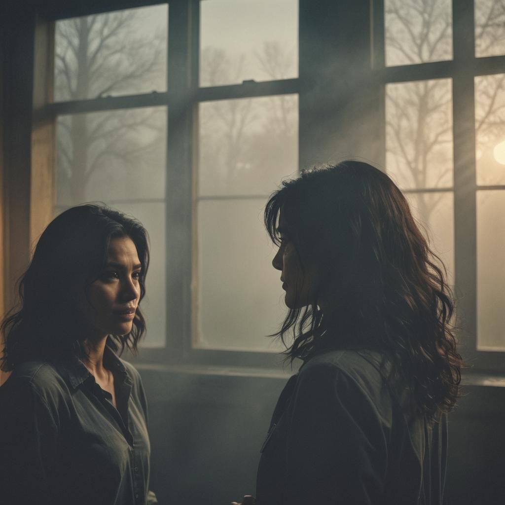 Dramatic Film Still of Girl Talking to Man