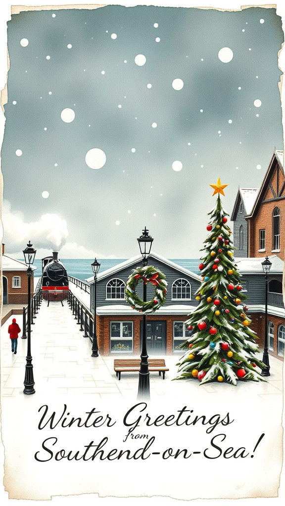 Winter Scene at Southend Pier: Vintage Christmas Card