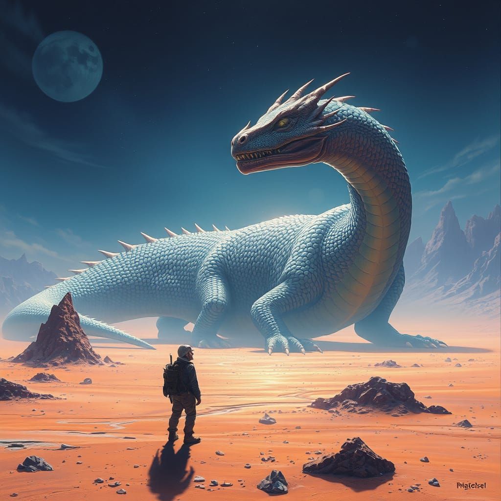 Bioluminescent Dragon in Alien Landscape, Surreal Art