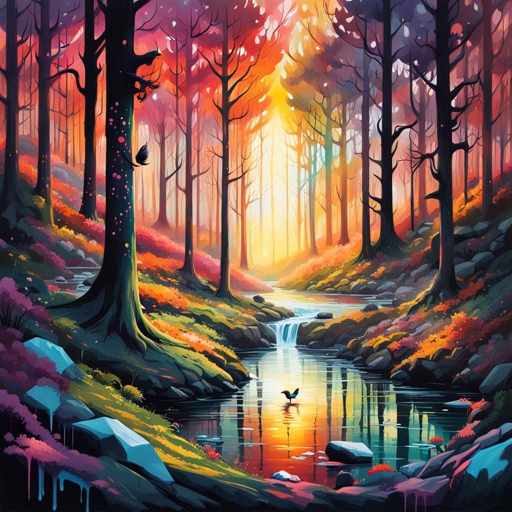 Eerie Nordic Forest Landscape in Graffiti Art Style