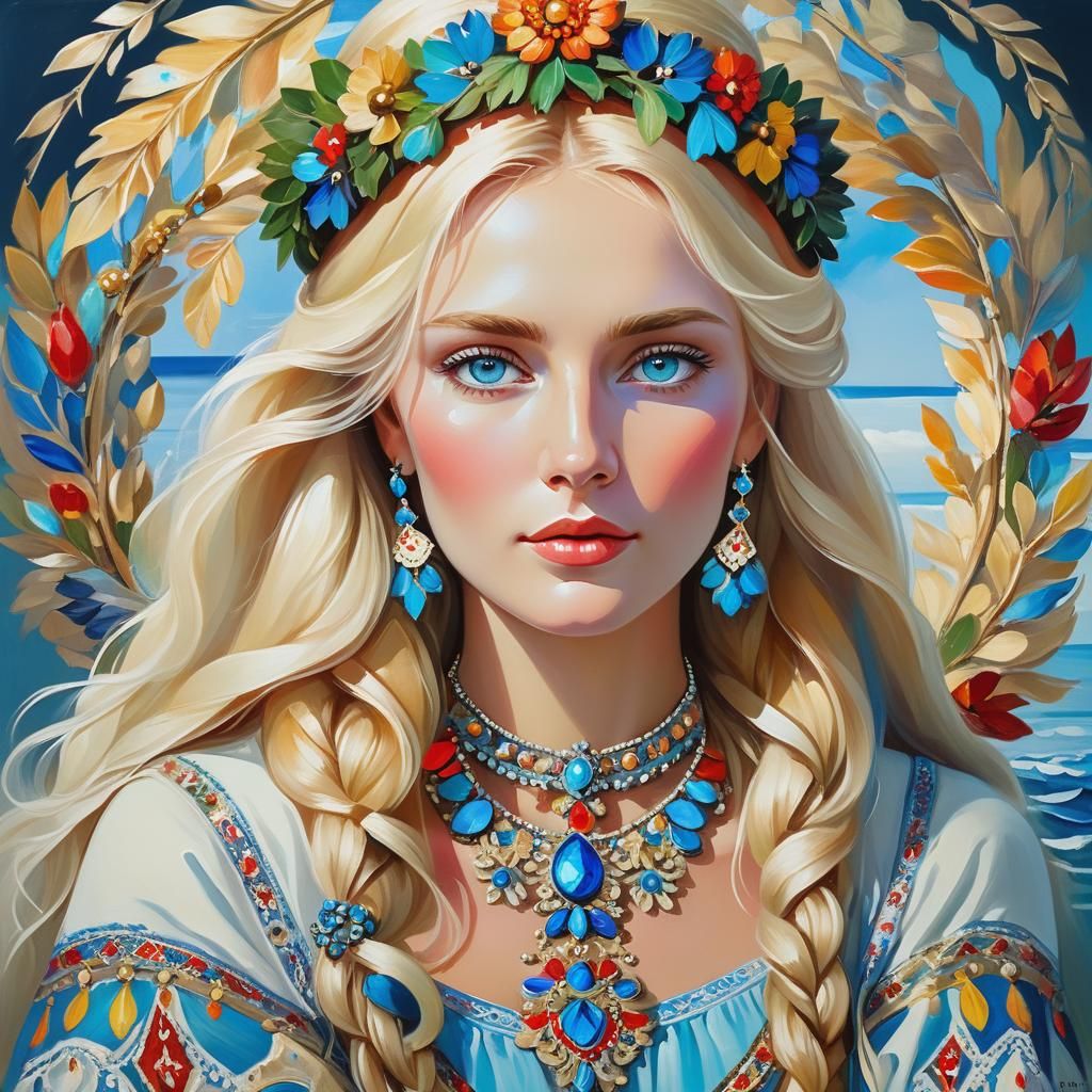 Slavic Beauty Portrait in Klimt-Inspired Oil Painting