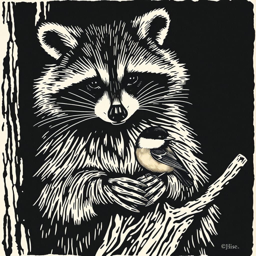 woodcut. raccoon with a black capped chickadee resting on its paw