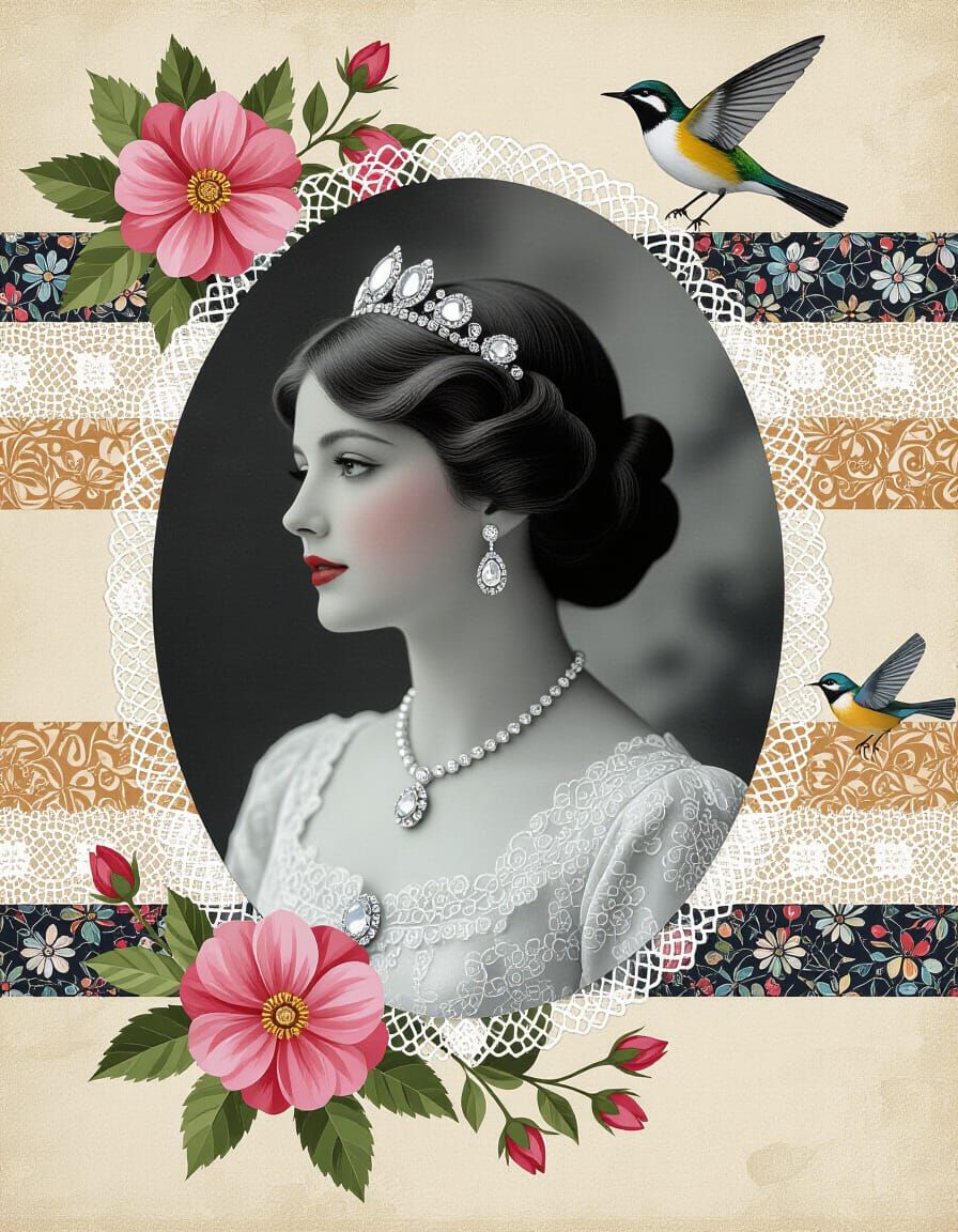 Cameo Woman with Diamonds in Mixed Media Style