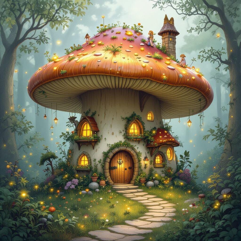 Enchanted Fairy Village on Giant Mushroom, Fantasy Art