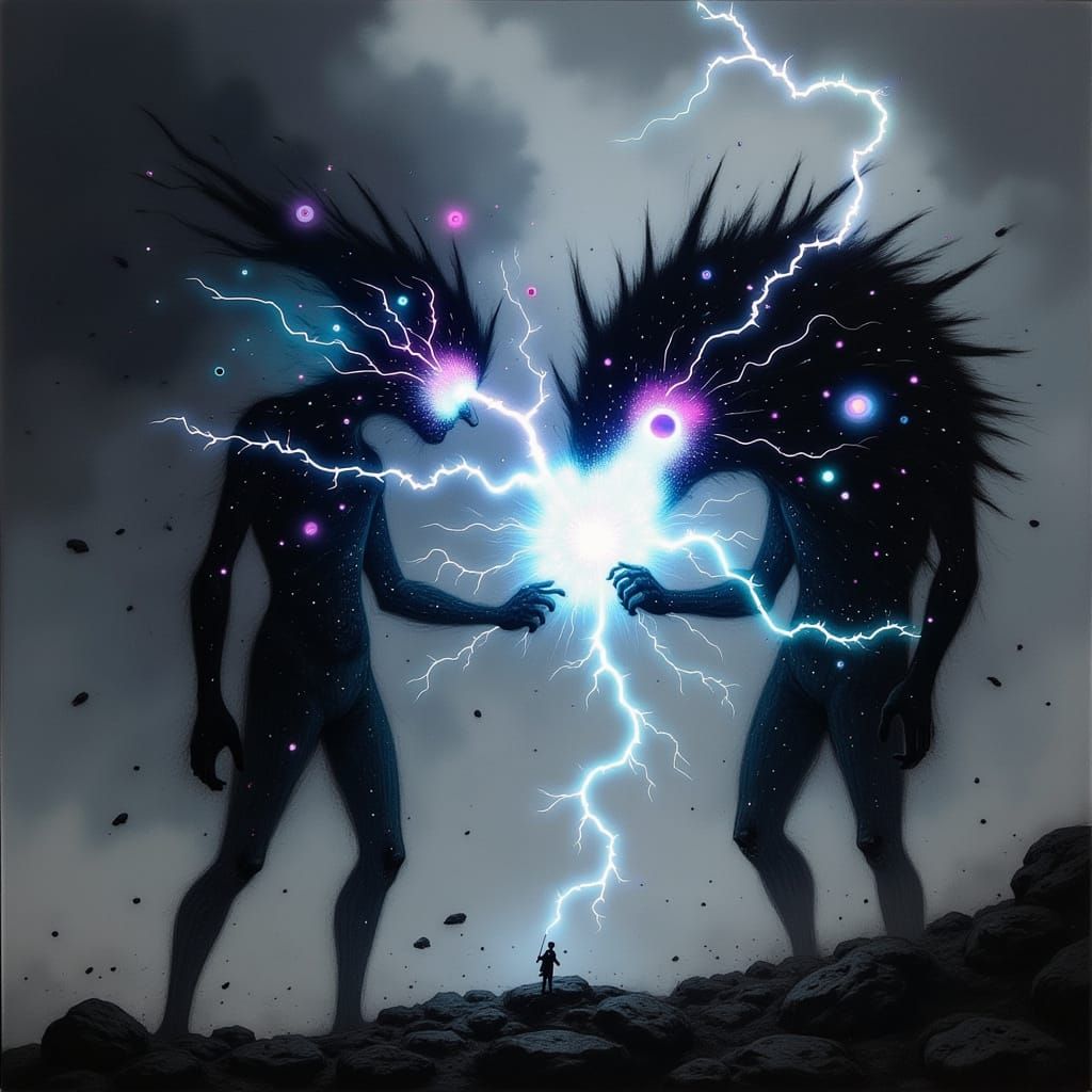 Epic Dark Fantasy Battle of Two Lightning Elementals in Turb...