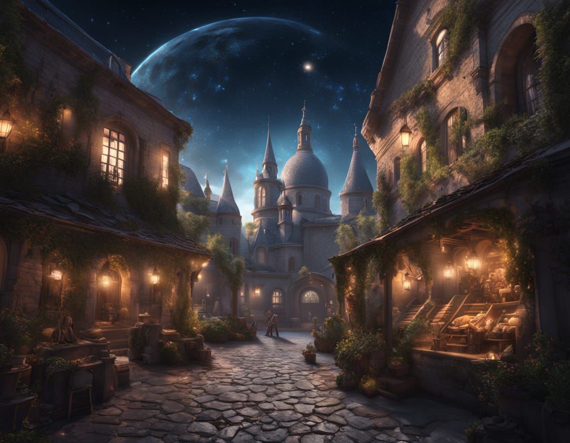 Ethereal Fantasy Market Scene Under Starry Skies