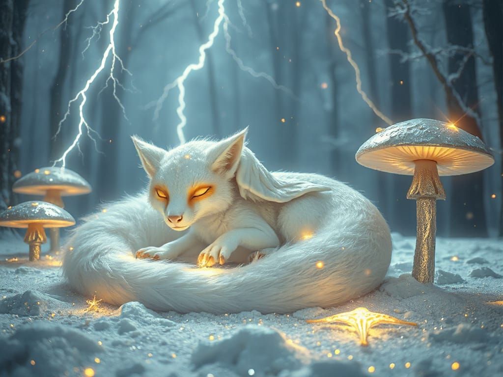 Surreal Fox Dragon Hybrid Slumbers in Iridescent Forest