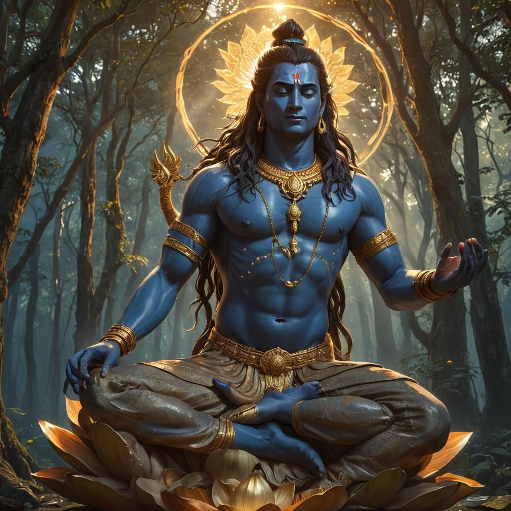 Lord Shiva in Majestic Lotus Pose, Enshrouded in Golden Ligh...