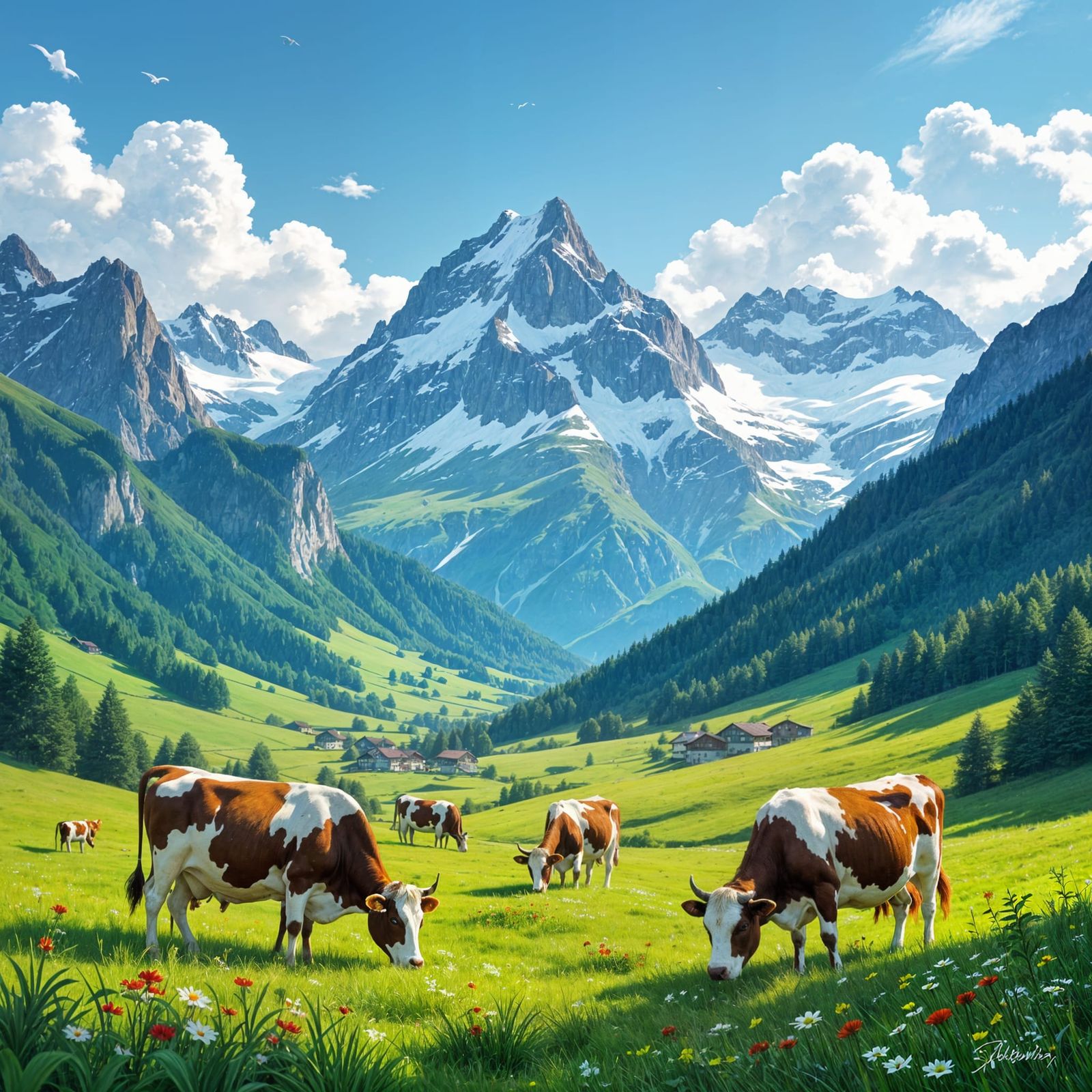 Whimsical Cows Grazing in Ethereal Swiss Alps Valley