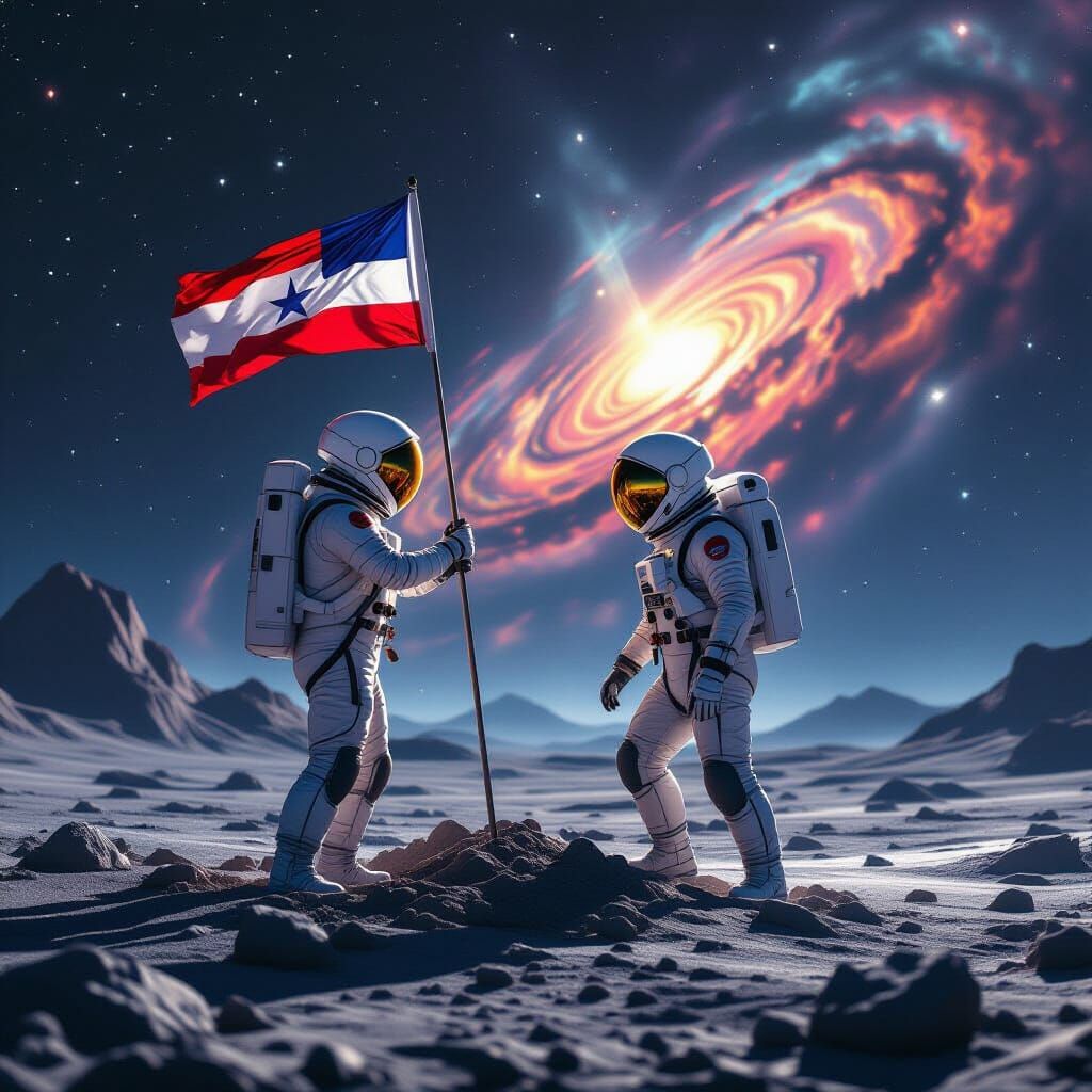 Astronaut Plants Flag on Alien World with Nebula