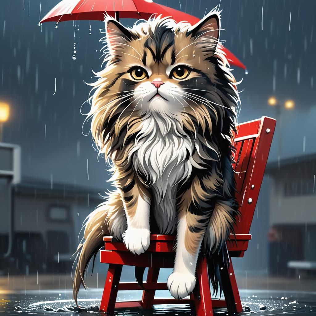 Grumpy Cat Lifeguard in Downpour, Cel-Shaded Illustration