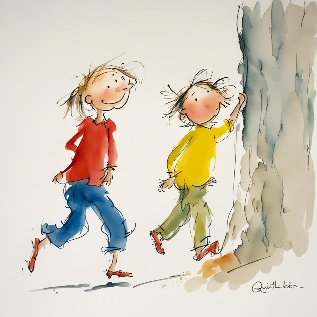 Children Playing Tag in Quentin Blake Style