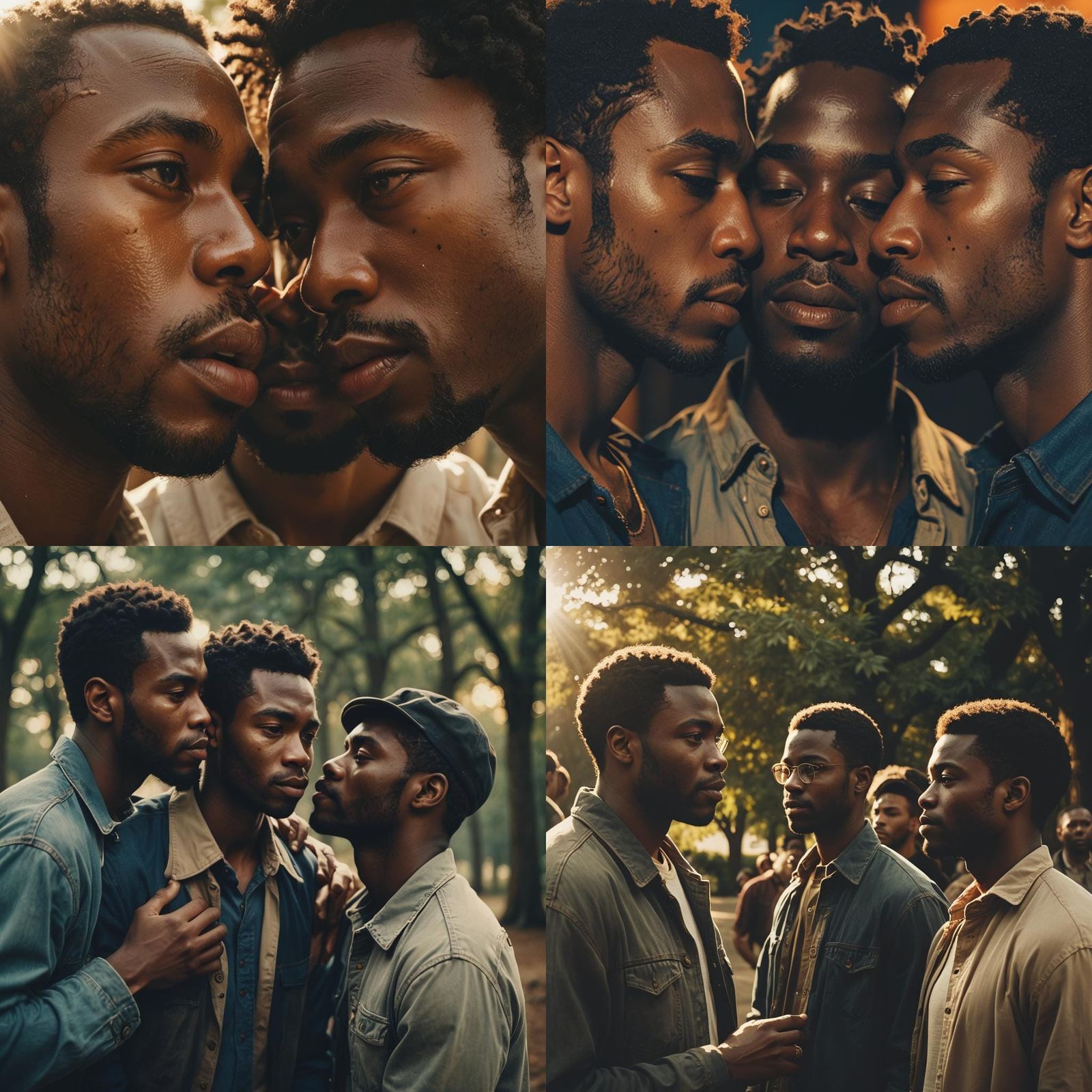 Three Black Men Kissing in a Cinematic Still