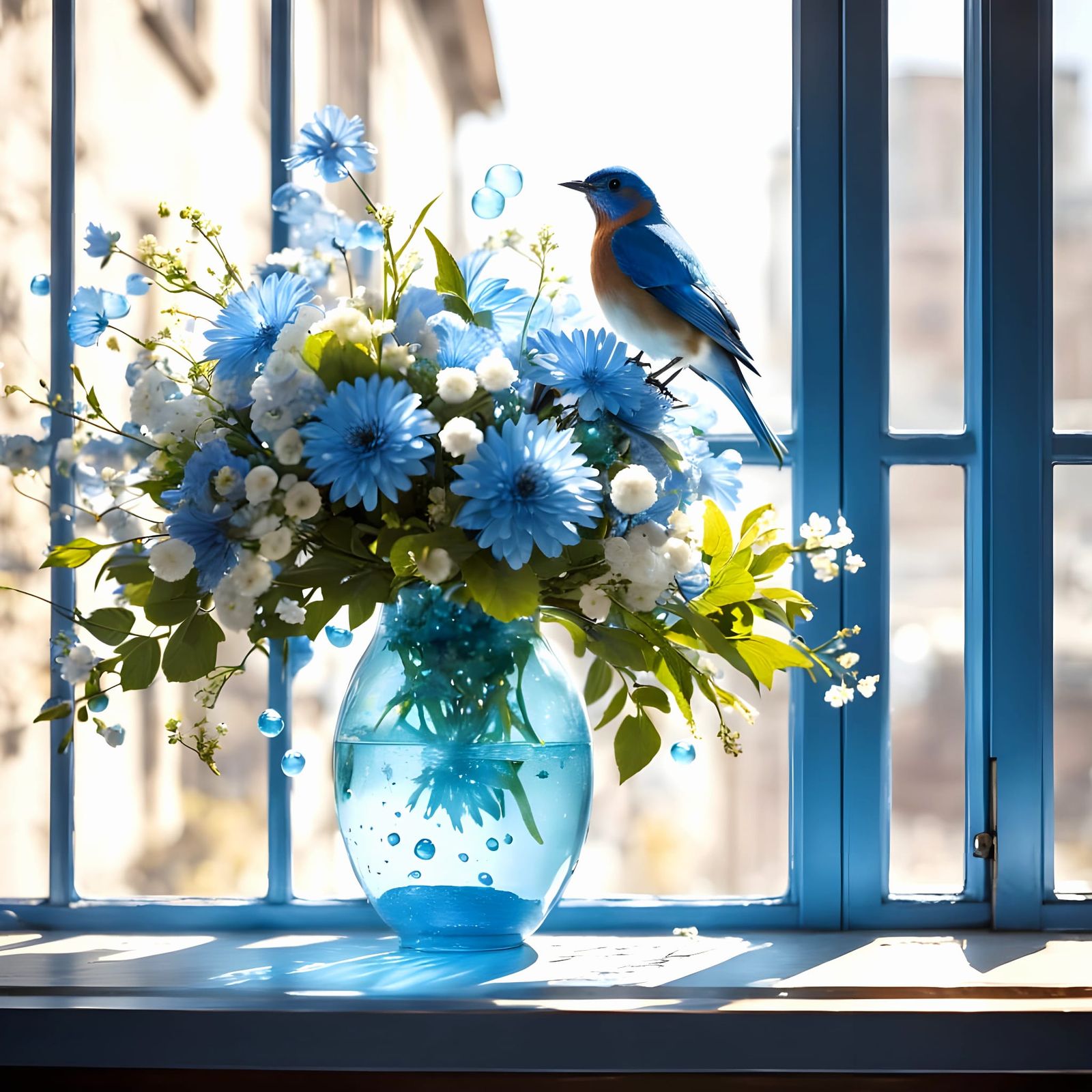 Blue Bird Blossom Bouquet with Bubbles