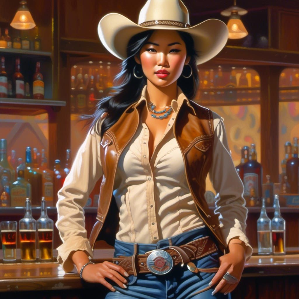 Asian Woman in Saloon, McGinnis Style Illustration