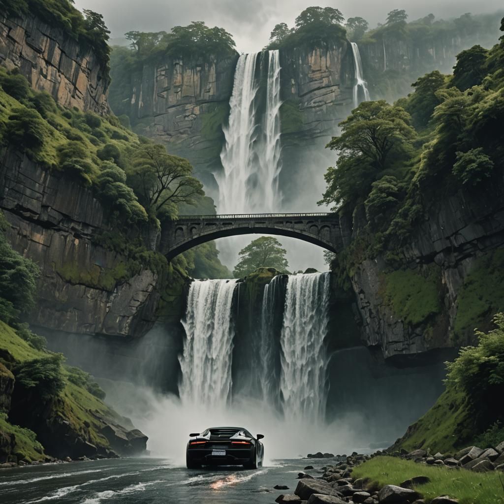 Supercar Speeds Across Stone Bridge in Golden Light