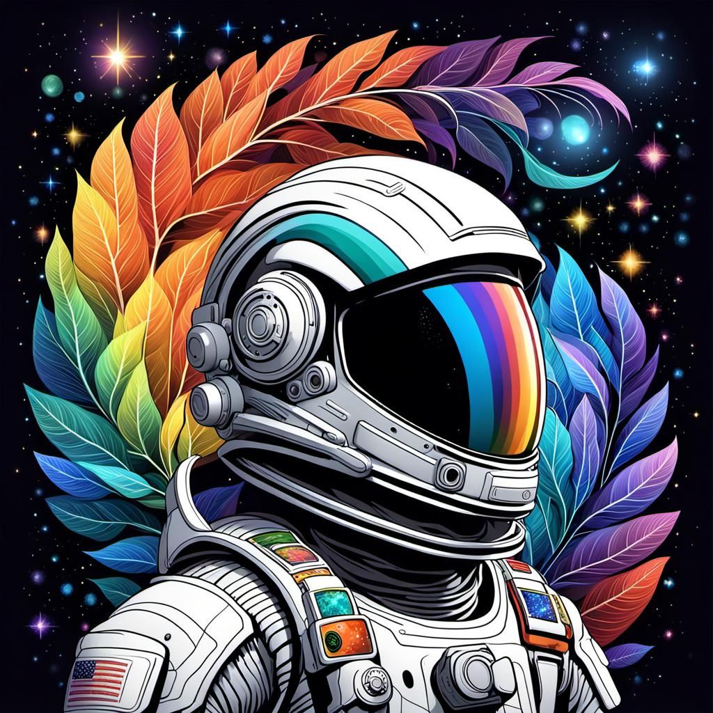 Astronaut with an elaborate helmet, rainbow leaves, galaxies...